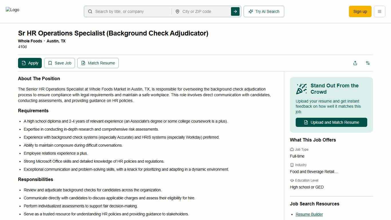 Sr HR Operations Specialist (Background Check Adjudicator) @ Whole Foods